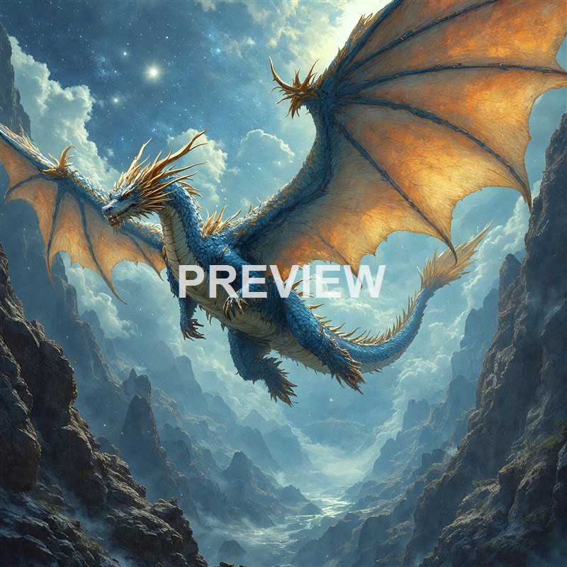 A large, majestic blue and gold dragon with outstretched wings soaring through a mountainous landscape under a starry night sky illuminated by a bright star.